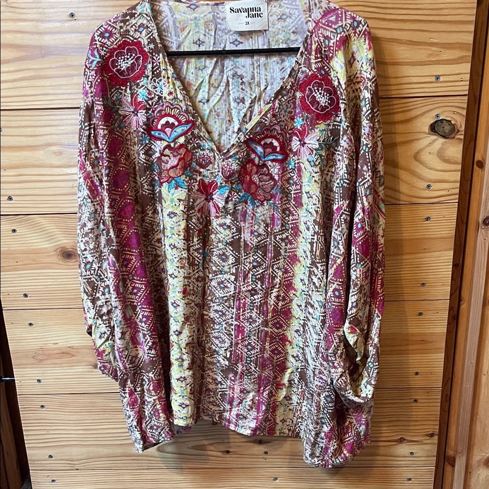 Savanna Jane Red and Brown Floral Blouse
